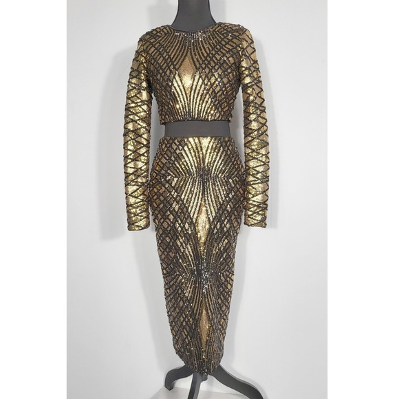 Marciano Gold Sequin Long Sleeve Crop Top & Midi Skirt Set Party Cocktail - Picture 2 of 9